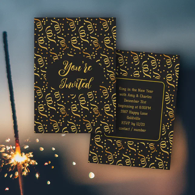 New Years Eve Party Black n Gold Confetti Invitation | Zazzle