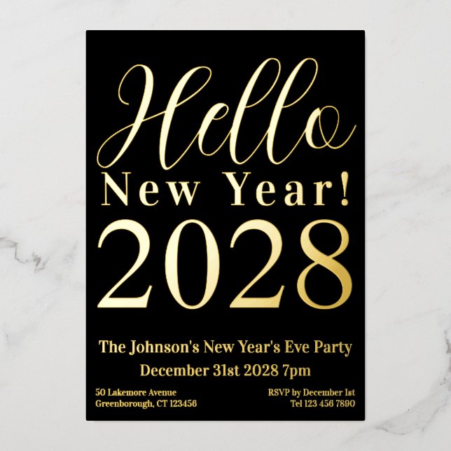 New Year's Eve Party Black Real Gold Foil Invitation (Front)