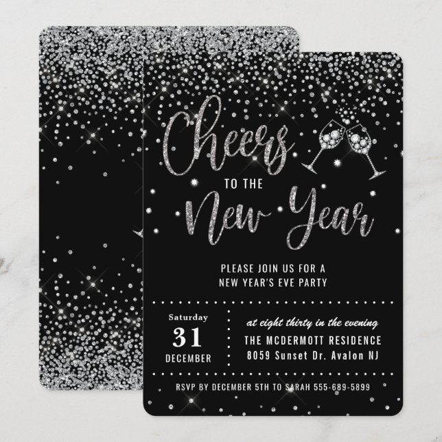 New Year's Eve Party Black Silver Glitter Confetti Invitation (Front/Back)