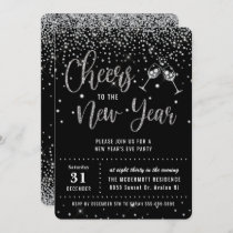 New Year's Eve Party Black Silver Glitter Confetti Invitation