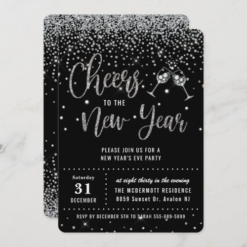 New Years Eve Party Black Silver Glitter Confetti Invitation