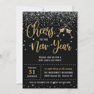 New Year's Eve Party Black Silver Gold Glitter Invitation