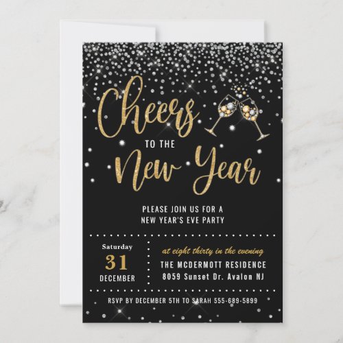 New Years Eve Party Black Silver Gold Glitter  Invitation