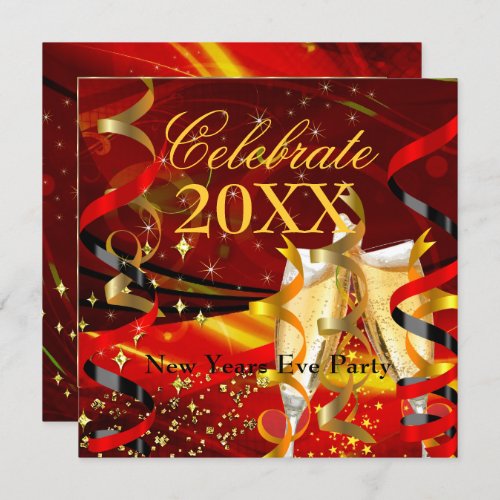 New Years Eve Party Celebration Champagne Red Gold Invitation