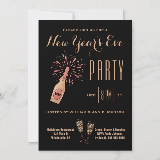 New Year's Eve Party Champagne Bottle Gold Black Invitation (Front)