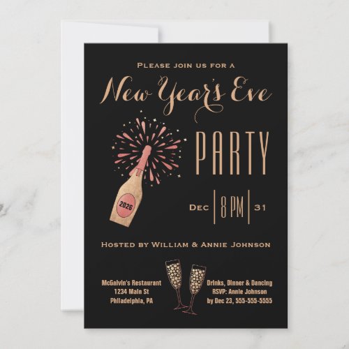 New Years Eve Party Champagne Bottle Gold Black Invitation