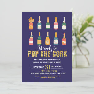 New Year's Eve Party Champagne Bottle Pop Navy Invitation