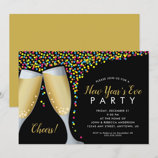 New Years Eve Party Champagne Confetti Invitation (Front/Back)