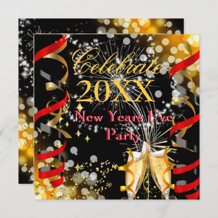 New Years Eve Party Champagne Festive Red Gold Invitation
