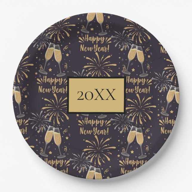 New Years Eve Party Champagne Fireworks Paper Plates (Front)