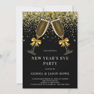 New Year's Eve Party Champagne Glasses Gold Black Invitation