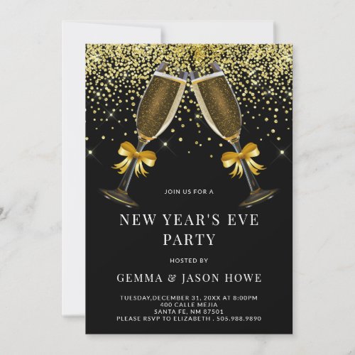 New Years Eve Party Champagne Glasses Gold Black Invitation