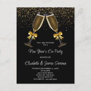 New Year's Eve Party Champagne Glasses Gold Black Invitation Postcard
