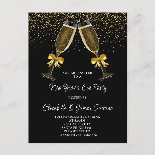 New Years Eve Party Champagne Glasses Gold Black Invitation Postcard