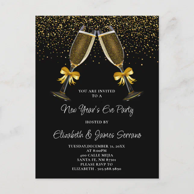 New Year's Eve Party Champagne Glasses Gold Black Invitation Postcard ...