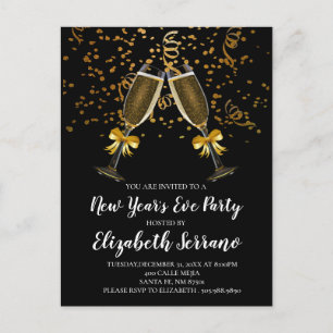 New Year's Eve Party Champagne Glasses Gold Black Invitation Postcard