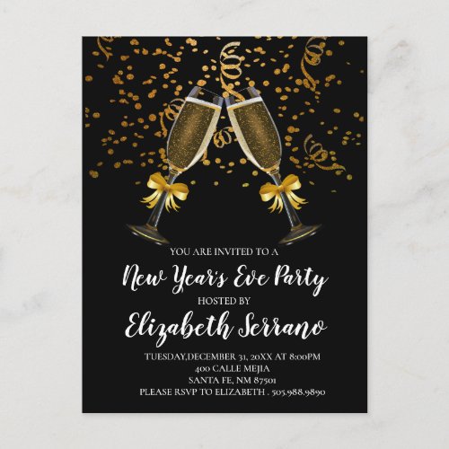 New Years Eve Party Champagne Glasses Gold Black Invitation Postcard