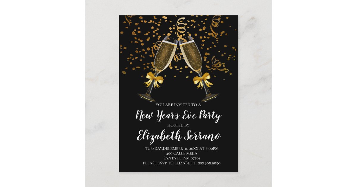 New Year's Eve Party Champagne Glasses Gold Black Invitation Postcard ...