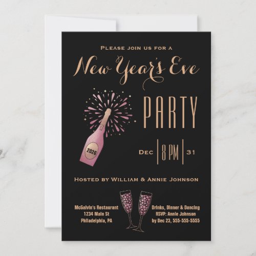 New Years Eve Party Champagne Gold Black Pink Invitation