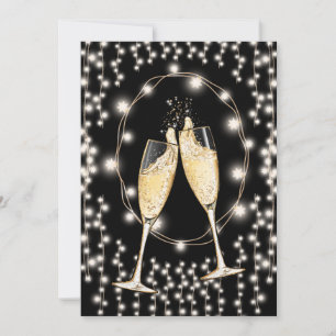 New Year's Eve Party Champagne String Lights Black Invitation