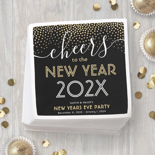 New Years Eve Party Cheers Black and Gold Confetti Napkins (Creator Uploaded)