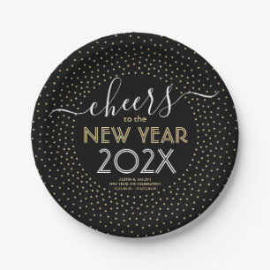 New Years Eve Party Cheers Black and Gold Confetti Paper Plates