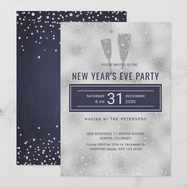 New Year's Eve Party Classy Elegant Silver Navy Invitation (Front/Back)