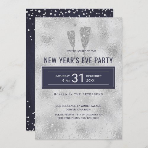New Years Eve Party Classy Elegant Silver Navy Invitation