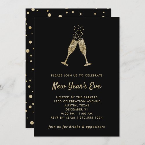 New Years Eve Party  Faux Gold Confetti on Black Invitation