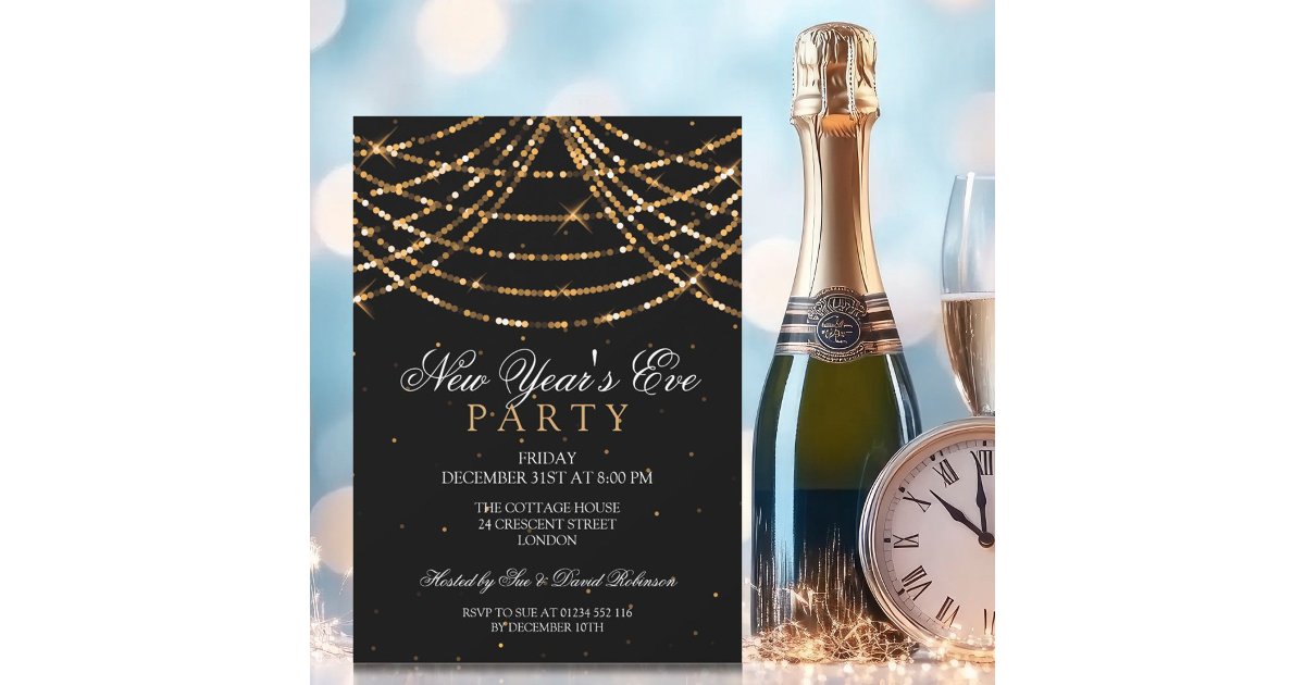 New Years Eve Party Festive String Lights Gold Invitation | Zazzle