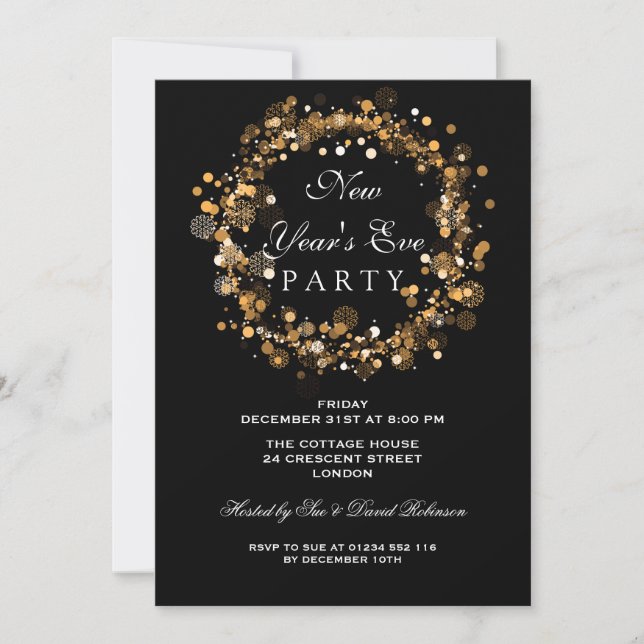New Years Eve Party Festive Wreath Gold Invitation (Front)