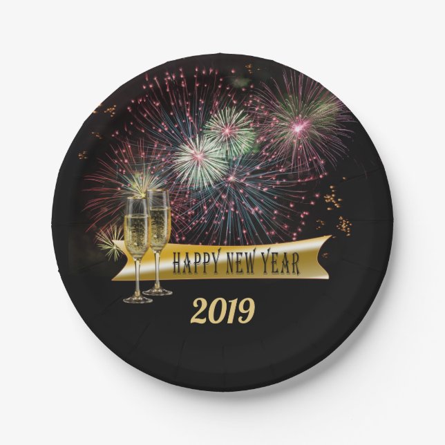 New Years Eve Party Fireworks Champagne Glasses Paper Plates (Front)