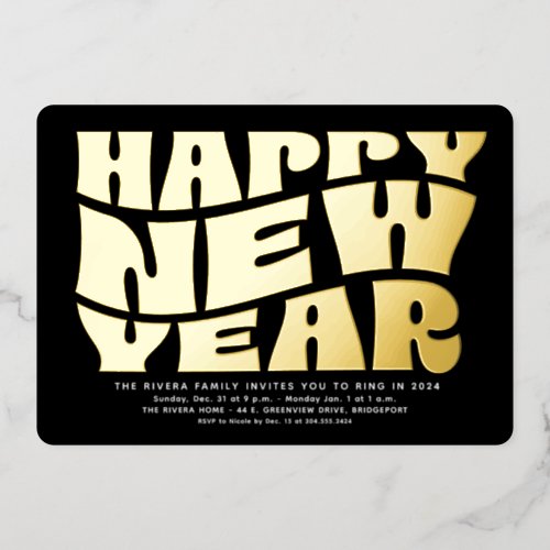 New Years Eve party fun trendy retro black gold Foil Invitation