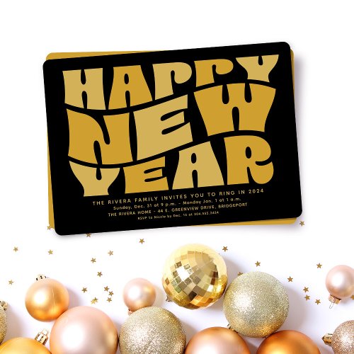 New Years Eve party fun trendy retro black gold Invitation