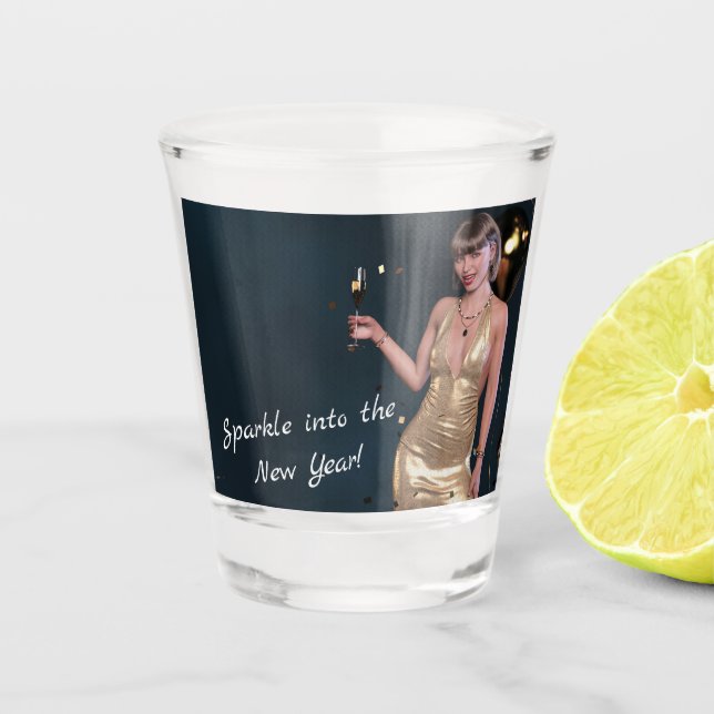 New Years Eve Party Girl in Sequined Dress Shot Glass (Front)