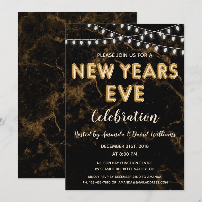 New Years Eve Party Gold Black Balloon Lights Invitation (Front/Back)