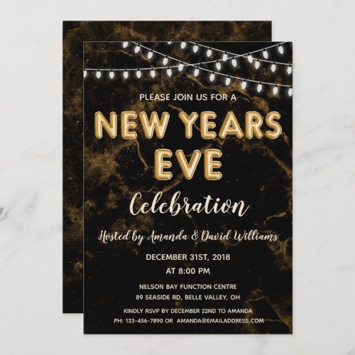 New Years Eve Party Gold Black Balloon Lights Invitation