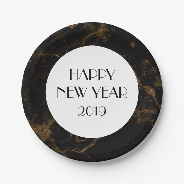 New Years Eve Party Gold Black Marble Paper Plates (Front)