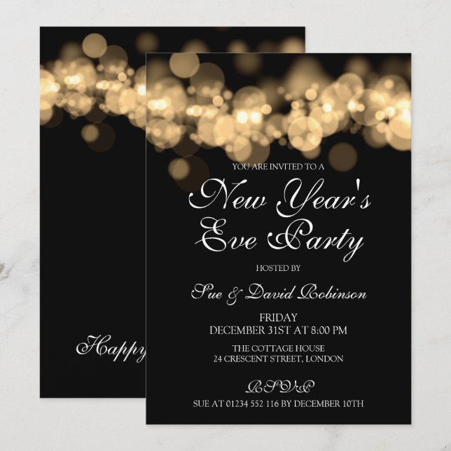 New Year's Eve Party Gold Bokeh Lights Invitation (Front/Back)