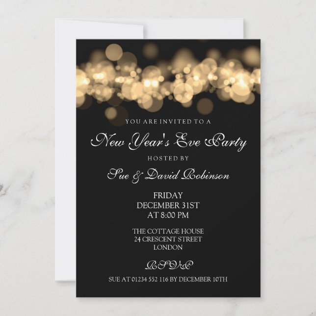 New Year's Eve Party Gold Bokeh Lights Invitation (Front)