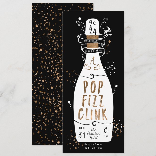 New Year's Eve Party Gold Champagne Pop Fizz Clink Invitation (Front/Back)