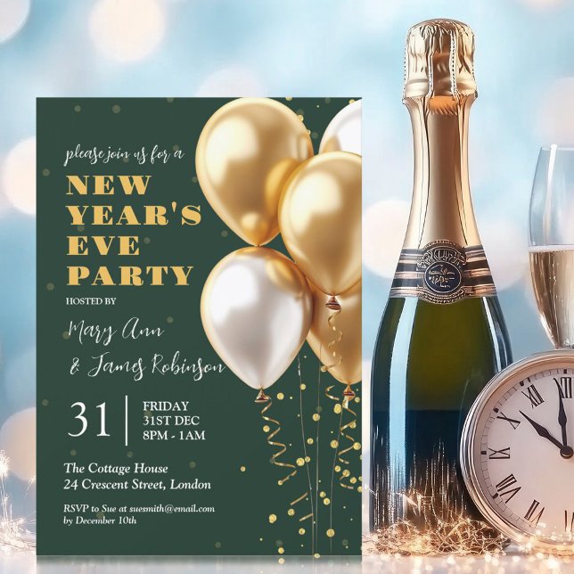 New Years Eve Party Gold Confetti Balloons Green  Invitation (New Years Eve Party Gold Confetti Balloons Green Invitation)