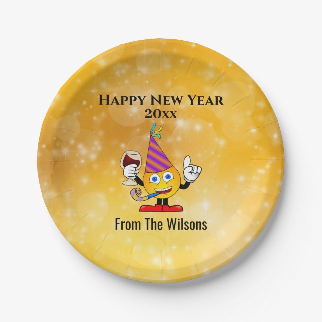 New Years Eve Party Gold Cute Happy Emoji Paper Plates (Front)