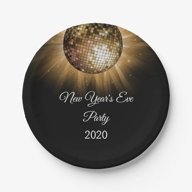 New Year's Eve Party Gold Disco Ball Paper Plates (Front)