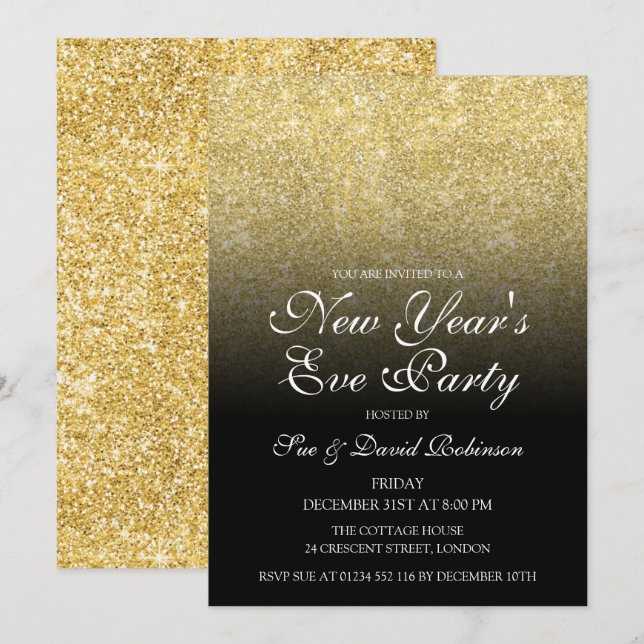 New Year's Eve Party Gold Glitter Black  Invitation (Front/Back)