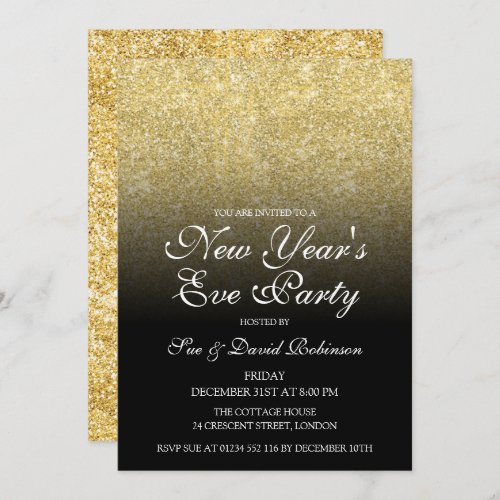 New Years Eve Party Gold Glitter Black  Invitation