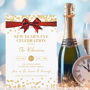 New Years Eve Party Gold Glitter Confetti Red Bow Invitation