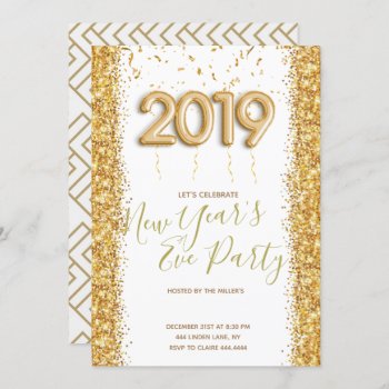 New Year's Eve Party Gold Glitter Invitation by ThreeFoursDesign at Zazzle