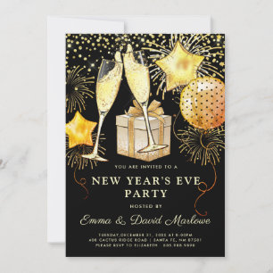 New Year's Eve Party Gold Glitter On Black  Invitation