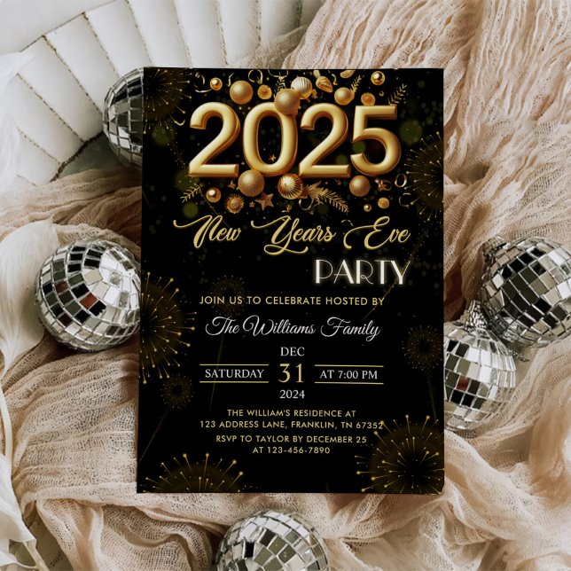 New Year's Eve Party Gold Glitter On Black Invitation (Creator Uploaded)